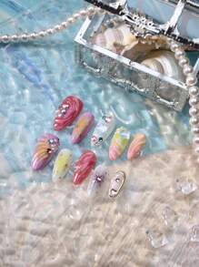 Get Romantic With 10pcs Almond Handmade Summer Beach Coral Pink Miss Mermaid Boho Princess Fake Nail Set Vanity Colorful Star Gradient Yellow 3d Three-Dimensional Decoration Mermaid Pearl Y2K European Style Full Cover Acrylic Press On Nails Kit For Women And Girls With 1pc Mini Nail File & 1 Sheet Adhesive Tabs