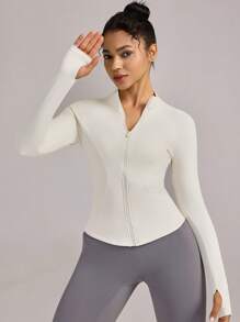 VUTRU 1Pc Zipper Rib Knit Splicing Pockets Tight Jacket With Thumb Hole Yoga Running Daily - Apricot - View 7