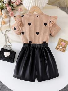 2pcs/Set Young Girl Elegant Cap Sleeve T-Shirt With Heart Print And Bow Decorated Skort Outfit, Summer