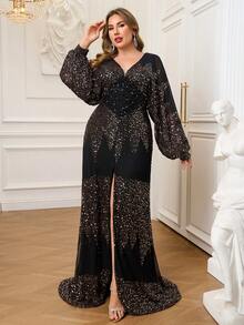 Seomiscky Middle-East Women Sexy V Neck Long Sleeve Sequin Split Party Elegant Dress - Gold - View 3