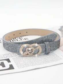1pc Women's Rhinestone Heart Decor Shiny PU Leather Belt, Cute For Party Dress & Jeans - Multicolor - View 6