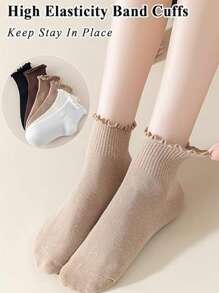 1/3/6 Pairs Women Ruffle Trim Socks, Thin Solid Color Mid-Calf Socks, Breathable Moisture-Wicking, Spring/Summer