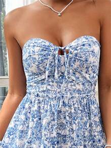 Women Y2K Mini Dress Floral Print Tie-Up Front Tube Dress Summer Fashion Casual Strapless Dress