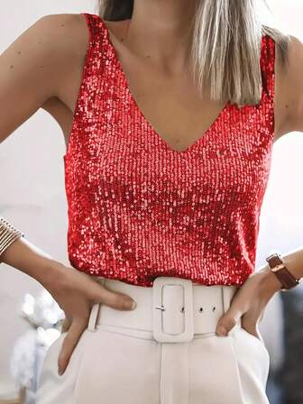 Sequin V-Neck Sleeveless Tank Top, Elegant For Spring And Summer