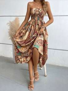 休闲度假优雅数码植物印花无袖连衣裙 - 彩色 - 查看 1