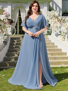Chiffon Minimalist Sexy V Neck Plus Size Cocktail Party Wedding Dress,Gown,Formal,Evening,Wedding Guest - Dusty Blue - View 2