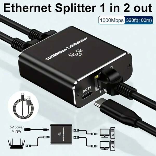 1 To 2 Gigabit Ethernet Splitter - Network Splitter Adapter With USB Power Cable, RJ45 Internet Splitter 1000Mbps High-Speed For Cat 5/5e/6/7/8 Cable [2 Devices Connectivity]