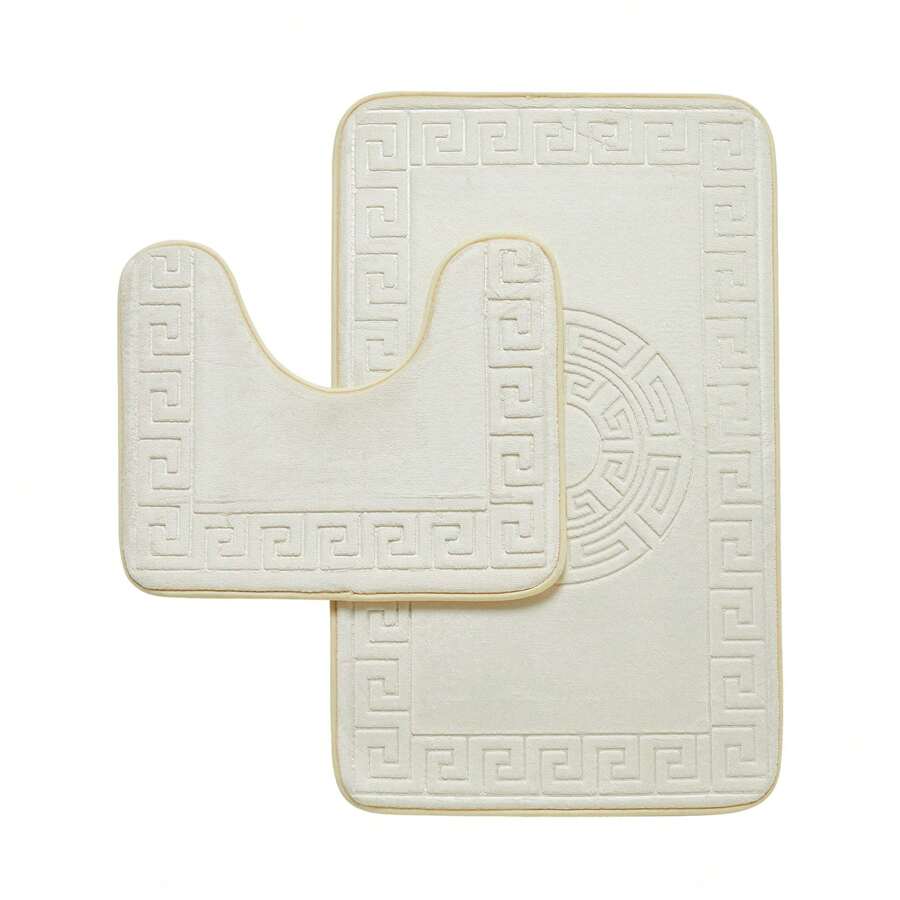 VELVETIO Bath Mat Set Non Slip Jacquard Greek Key Pattern 2 Piece Machine Washable Toilet Rugs