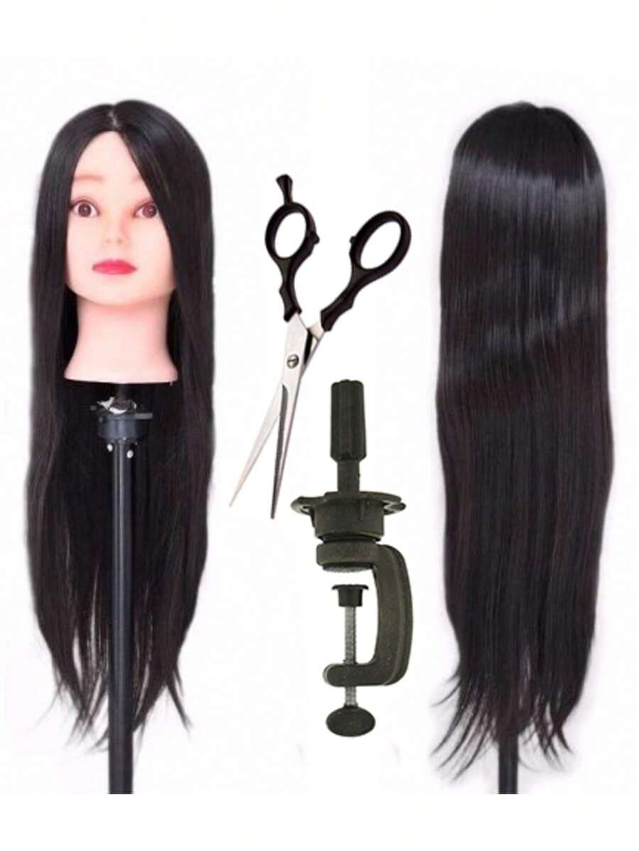 Cabeça de Treino 100% Sintética + Suporte de mesa + Tesoura - Castanho - Visão 1