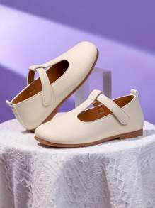 1 Pair Girl's Beige Flat Shoes, PU Material With Hook And Loop Adjustable Size Design, Round Toe, TPR Anti-Slip Comfortable Light-Weight Solid Color Dance Shoes, Suitable For Girls Aged 5-14, For School, Party, Outdoor Daily Casual Wear - Beige - View 4