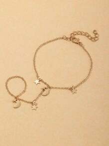 1pc Girls Star & Moon Beaded Finger Hand Chain Bracelet & Ring Set - Gold - View 3