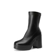 Women's Platform Gogo Ankle Boots High Chunky Block Heel Square Toe Booties Shoes - Black - View 8