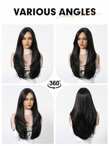 26英寸黑色长直假发，自然层次感，耐热合成纤维，适合女性日常、派对、角色扮演等场合。