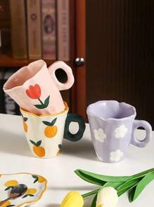300ml手绘简约陶瓷杯，独特卡通设计，适合咖啡爱好者，可用于浓缩咖啡、美式咖啡或茶 - 彩色 - 查看 3