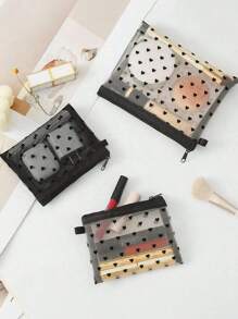 1 pièce/set Mini pochette de médecine avec motif en forme de cœur et de maille, sac de maquillage portable en nylon transparent, sac de cosmétiques minimaliste avec fermeture éclair, sac interne multifonctionnel pour les voyages, porte-monnaie, organisateur de bijoux, cadeau de style pour la nouvelle session, le printemps/début de l'été, l'anniversaire, les vacances, les voyages, la rentrée scolaire, étui à maquillage, nouveau style en 2025