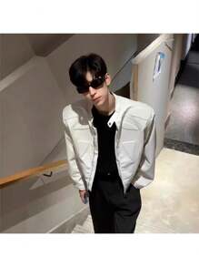 Short Leather Jacket With Men's High-End And Niche Design, Shoulder Pad Riding Motorcycle Jacket - trắng - Xem 3