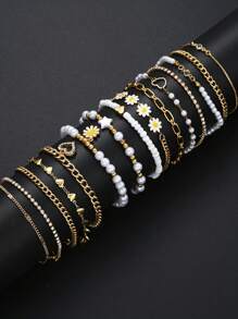 12pcs/15pcs Minimalist Style Daisy, Heart, Pearl & Butterfly Anklet, Fashion Women Accessory For Birthday, Vacation, Beach Party, Daily Matching - Multicolor - View 1