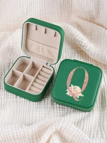 1pc Caixa de joias rosa com flores rosas, caixa de joias de viagem da moda com letras de ouro rosa, caixa de joias de viagem de presente personalizada, presentes de aniversário para mulheres, presentes de Natal para meninas adolescentes, iniciais, caixa de joias de viagem A-Z