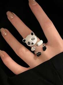Set de 3 anillos/Anillo abierto de panda de dibujos animados lindo, set de anillos de muñeca de animal lindo, anillo desmontable creativo - Blanco y Negro - Ver 1