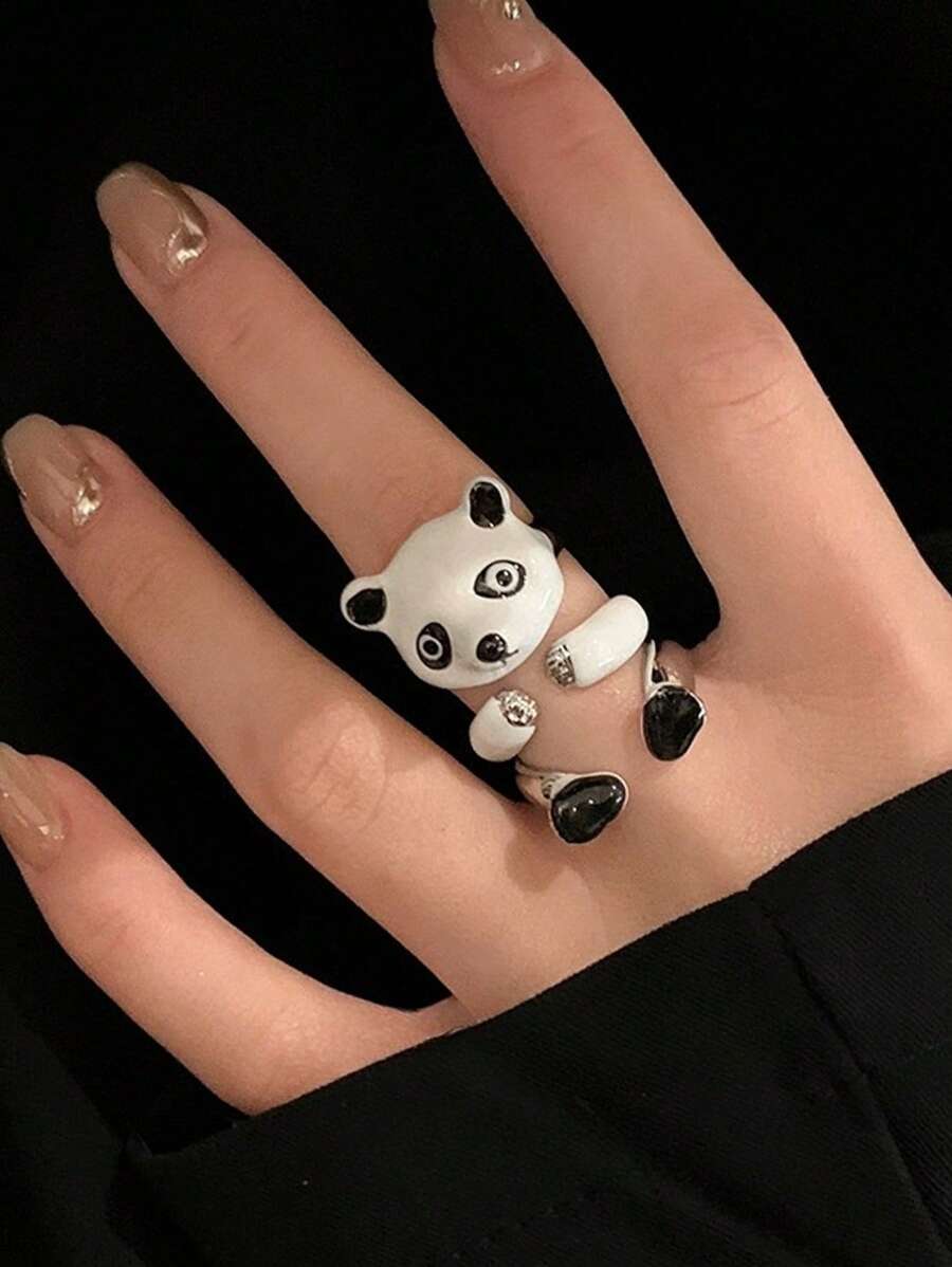 Set de 3 anillos/Anillo abierto de panda de dibujos animados lindo, set de anillos de muñeca de animal lindo, anillo desmontable creativo - Blanco y Negro - Ver 1