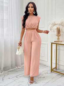 Amarilo Women's Casual Solid Shoulder Pad Round Neck Cropped Top & Wide Leg Pants Set - Pink - View 1