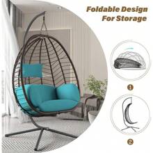 Egg Swing Chair Outdoor Indoor Wicker Rattan Hanging Chair With Stand 350lbs Capacity W/Strong Frame & Cushions For Patio Balcony Bedroom