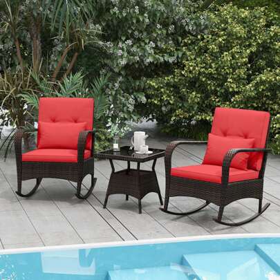 Lifezeal 3 PCS Rocking Bistro Set With Removable Cushions & Tempered Glass Top Coffee Table