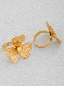 时尚优雅的女士不锈钢花卉可调节戒指 - 金黃色 - 查看 6