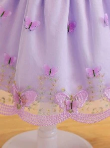 Đầm công chúa chữ A lưới cổ vuông viền bèo nhún dễ thương cho bé gái, thời trang đa năng ngọt ngào, thích hợp mặc hàng ngày, dự tiệc, đi chơi, xuân/hè - Màu tím - Xem 8