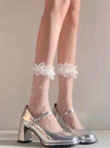 1 Pair Women's Lolita Style Polka Dot Ruffle White Crew Socks