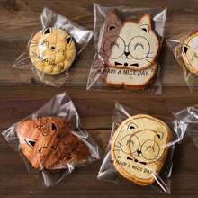 100个面包袋 - 可爱卡通图案，自封口，适用于包装面包片、糖果、巧克力、饼干和其他食品，中号面包袋/小号饼干袋，款式随机