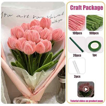 200/223/325개 핑크 튤립 장미 해바라기 파이프 클리너 세트, 튜토리얼 비디오 포함, 핑크 그린 골든 파이프 클리너, 꽃 줄기 와이어 및 가든 테이프, DIY 튤립 수공예 소재 가방, 셰닐 꼬임 세트, 부드러운 파이프 클리너 꽃 선물, DIY 공예 프로젝트 - 튤립 장미 양귀비 부케 푹신한 줄기 공예용품 - 밀도가 매우 높은 셰닐 꼬임, 어머니의 날 선물