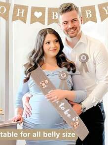 三件套：熊图案亚麻孕妇绶带、孕妇/准爸爸胸针、迎婴派对装饰、波西米亚风孕妇绶带、迎婴派对胸花胸针套装、孕妇礼物、派对装饰 - 卡其色 - 查看 2