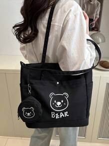 2 Pieces Bear Pattern Women's Large Capacity Tote Bag, Perfect For Business, Work, Commuting, High School, Portable, Suitable For Teen Girls And College Girls, Perfect For Office, College, Elementary School, Junior High School, Work, Stadium, Sports, Lightweight Shoulder Bag, Versatile In Spring And Summer Seasons, Suitable For Back To School And Travel - Multicolor - View 4