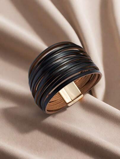 1pc Black Multi-Layer Handmade Leather Magnetic Bracelet For Women, Suitable For Daily Wear And Events, Makes A Great Gift For Friends