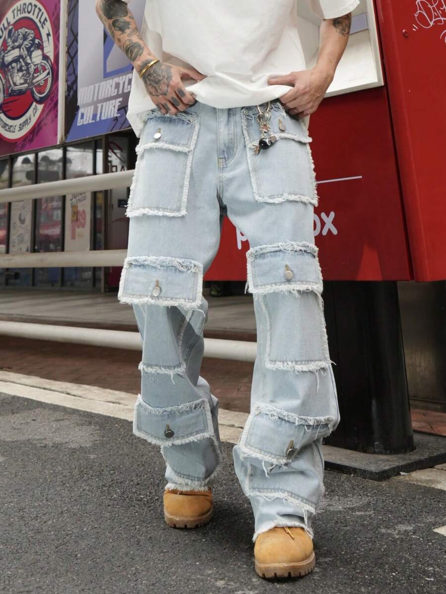1pc Men's Cargo Jeans, American Vintage Loose Fit High Street Washed ...