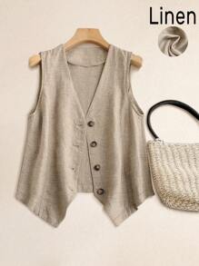 Women's Casual Summer Linen Short Waistcoat Jacket - Khaki - View 1