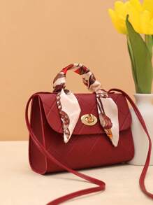 Women Embossed Plaid Small Handbag, Scarf Wristlet Purse For Daily Outing - Burgundy - View 3
