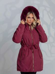Women's Plus Size Lined Parka Jacket - 酒紅色 - 查看 3