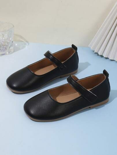 1 Pair Girls' Black Flat Shoes, Pu Hook And Loop Adjustable Size Design Round Toe TPR Non-Slip Lightweight Comfortable Solid Color Fashion Ballet Flats, Suitable For 5-14 Years Old Elementary & Middle School Students, All Season School, Formal Occasions, Performances