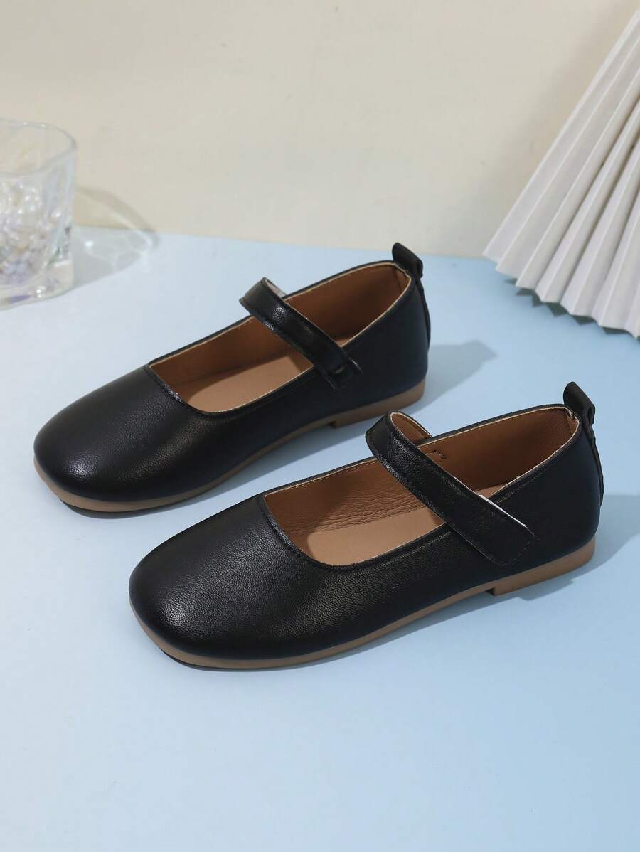 1 Pair Girls' Black Flat Shoes, Pu Hook And Loop Adjustable Size Design Round Toe TPR Non-Slip Lightweight Comfortable Solid Color Fashion Ballet Flats, Suitable For 5-14 Years Old Elementary & Middle School Students, All Season School, Formal Occasions, Performances - Black - View 1