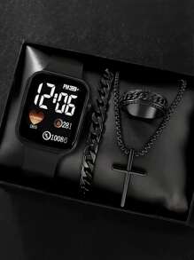 1pc Men's Square Digital Sports Watch And 3pcs Bracelet Necklace Ring Set, Best Halloween Gift - Multicolor - View 14