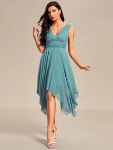 优雅纯色不对称下摆无袖成人伴娘礼服 - 青碧色 - 查看 5