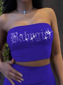 Rhinestone Decor Sleeveless Sexy Cropped Top And Pants Two Pieces Outfits, Casual Sports Fashionable Sets For Women, Spring And Summer - 藍色 - 查看 5