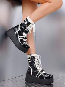 Goth Punk Women's Chain Platform Boots Platform Wedge Ankle Boots Goth Patent Lace Up Boot Chain Strappy Booties Lace Up&Zipper Combat Boots