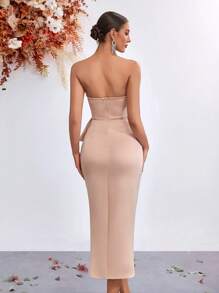 Elisanya 女式荷叶边饰网眼撞色露背前开衩晚会礼服优雅夏季毕业酒会礼服 - 肉色 - 查看 2