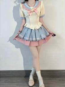 1pc Sweet Cute Girly JK School Uniform Set, Navy Collar Bow Decor Top And Pleated Contrast Color Skirt, Suitable For Photoshoot, Cosplay Halloween