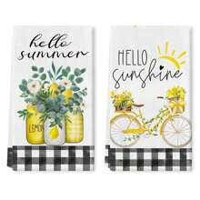 2pcs Summer Theme Polyester Kitchen Towels, Super Soft Woven Dishcloth, Cartoon Lemon & Bicycle Design, Modern Style, 16inchx24inch, Summer Farmhouse Decor