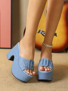 女士新款厚底凉鞋，露趾休闲时尚，优雅户外日常穿着欧美风格经典拖鞋 - 藍色 - 查看 2