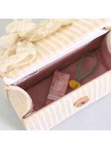 Straw Messenger Bag, Portable Faux Pearl Beaded Lace Bow Tote Bag, Ideal Gift Choice - White-beaded Bow - View 8